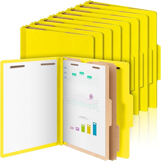 Skyygemm 12 Pcs Classification Folders Letter Size Bulk - 2 Dividers Pressboard File Folder with 3. 5 Inch Expansion, 2 Prongs Fastener, Heavy Duty Office File Organizer for Teacher Medical (Yellow)