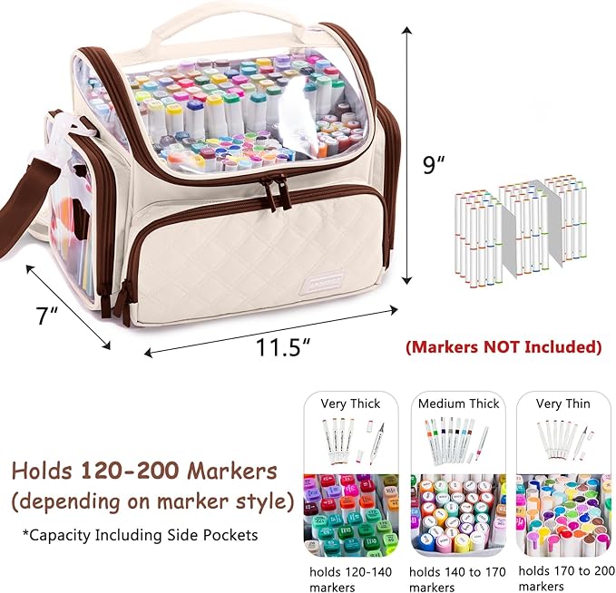 Large Marker Organizer Case Holds 150-200 Markers | Art Marker Storage Bag with Removable Dividers & Clear Top for Artists, Crafters & Travel - Pen, Pencil Alcohol Marker Holder - Art Supply