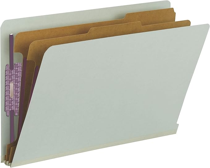 Smead File Folders, End Tab Pressboard Classification, Legal Size, 2 Dividers, 2" Expansion, SafeSHIELD Fasteners, 100% Recycled, Green, 10 per Box, Shelf Filing for Office Records