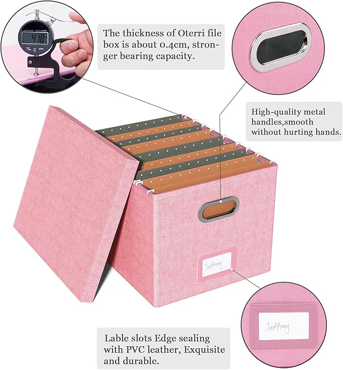 2 Pack File Storage Organizer, Filing Box, Portable File Box with Lid, Fit for Letter/Legal File Folder Storage, document organizer, New-pink