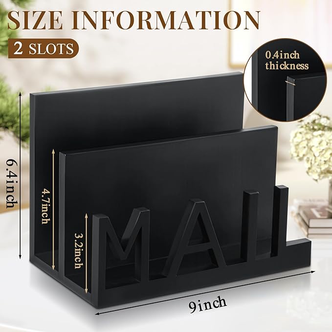 2 Slot Mail Organizer Holder Countertop Wooden Mail Black Letter Holder with Cutout Lettering Design for Office Desktop Envelope and Document Storage Rack