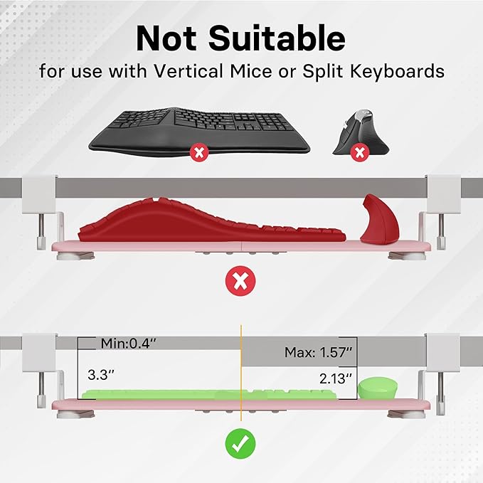 BONTEC KMT01 Under Desk Keyboard Tray, Pull-Out Keyboard & Mouse Platform with C-Clamp, 25.6 x 11.8 in Space-Saving Ergonomic Slide-Out Drawer, Pink