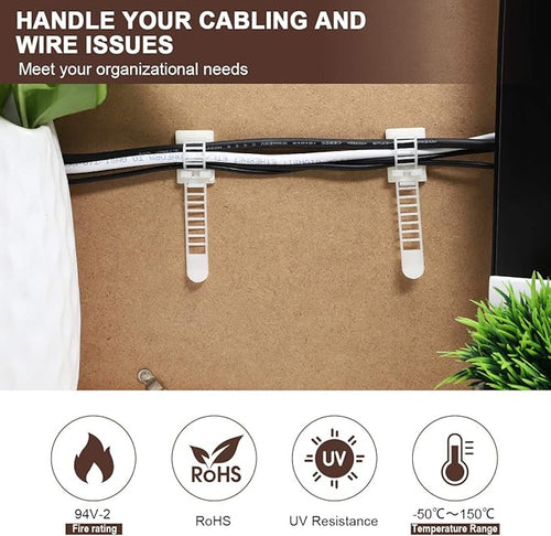 50Pcs Adhesive Cable Management Clips with 50Pcs Zip Ties, Adjustable Nylon Cable Strap Ties Wire Clips Clamps Organizer, Extra Screw & Hole - 3.35 Inch White