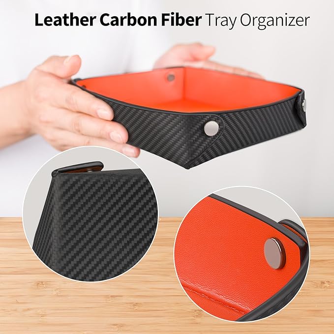 Leather Carbon Fiber Desktop Storage Tray, Decorative Catchall Organizer for Keys, Wallet, Watch, Jewelry, Entryway Table