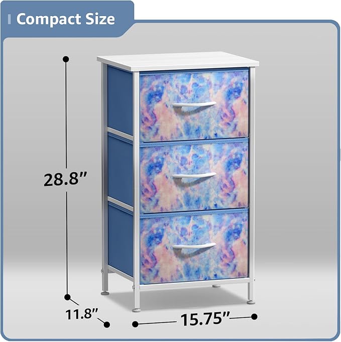 Sorbus Nightstand with 3 Drawers - Bedside Furniture & Accent End Table Chest for Home, Bedroom, Office, College Dorm, Steel Frame, Wood Top, Easy Pull Fabric Bins (3-Drawer, Pastel Tie-dye)