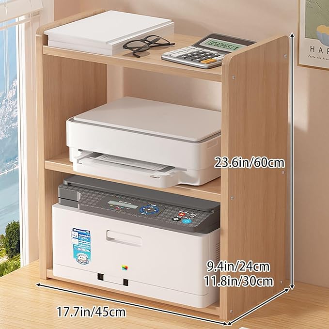 Desktop Storage Rack, Wooden Printer Stand with Compact Under Desk Shelf for Home Office Organization(Light Walnut,17.7 * 11.8 * 23.6in)