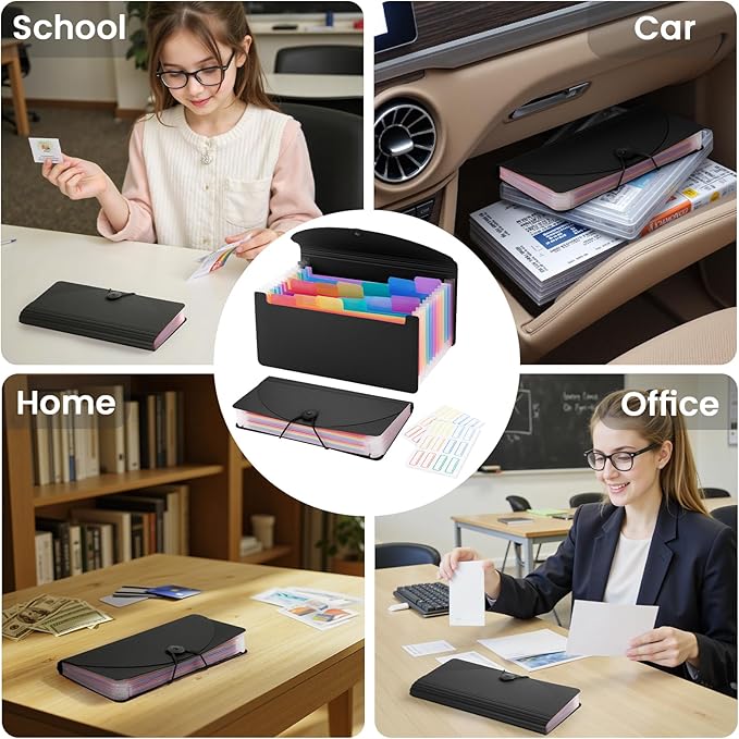 13 Pocket A6 Receipt Organizer, 2 Pack Small Accordion File Organizer, Coupon Organizer with Labels - Black