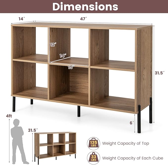 Giantex 6 Cube Bookcase, 3-Tier 47" Long Wood Bookshelf w/ 5 Metal Legs, Adjustable Shelf, Anti-toppling Device, 31.5" Tall Floor Open Shelf Bookcase, Freestanding Wooden Cube Storage Shelves