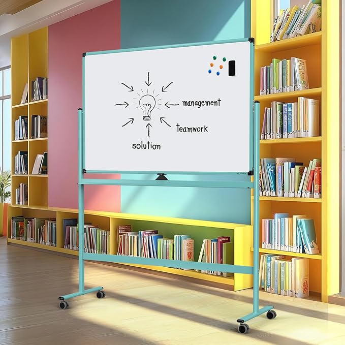 Large Dry-Erase Rolling Magnetic Whiteboard - 48 x 32 Inches Dry Erase Board with Stand Height Adjust Double Sides Mobile White Board Easel on Wheels with 25 Sheets Paper Pad Office, Home & Classroom
