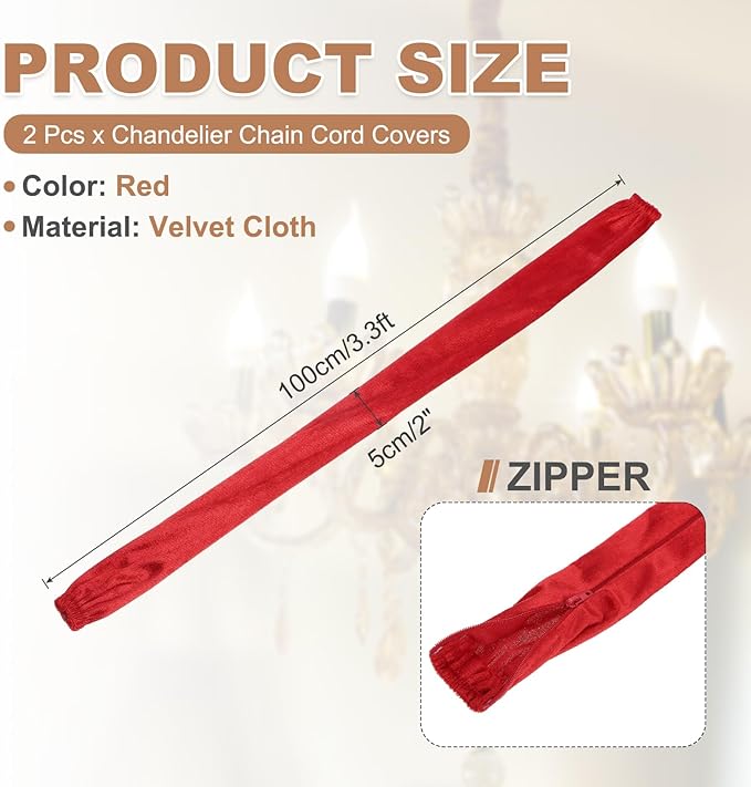 PATIKIL 3.3ft Chandelier Chain Cord Cover, 2 Pcs Velvet Cloth Fabric Chain Sleeve Decorative Cord Covers for Chandelier Wires Swing Cable, Zipper Style, Red