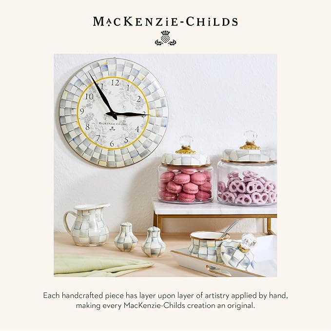 MACKENZIE-CHILDS Desk Clock, Decorative Living Room, Bedroom, or Office Desk Clock, Gray-and-White Sterling Check