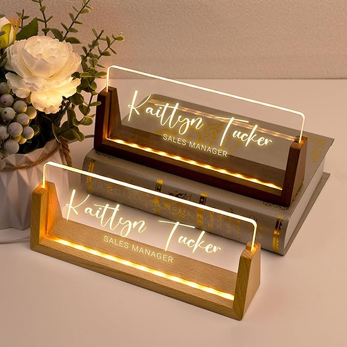 Desk Name Plate Personalized, Custom Office Light Up Name Plate for Desks, Desk Decorations for Women Men Office, Employee Appreciation Gifts for Coworkers (A-Text Only)