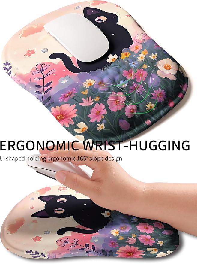 Hokafenle Ergonomic Wrist-Hugging Mouse Pad Wrist Support, U-Shaped Holding Wrist Rest Mousepad for Carpal Tunnel Pain Relief with Cushioned Memory Foam Slope Massage Bulge (10.2x8.3 in,Flower Cat)