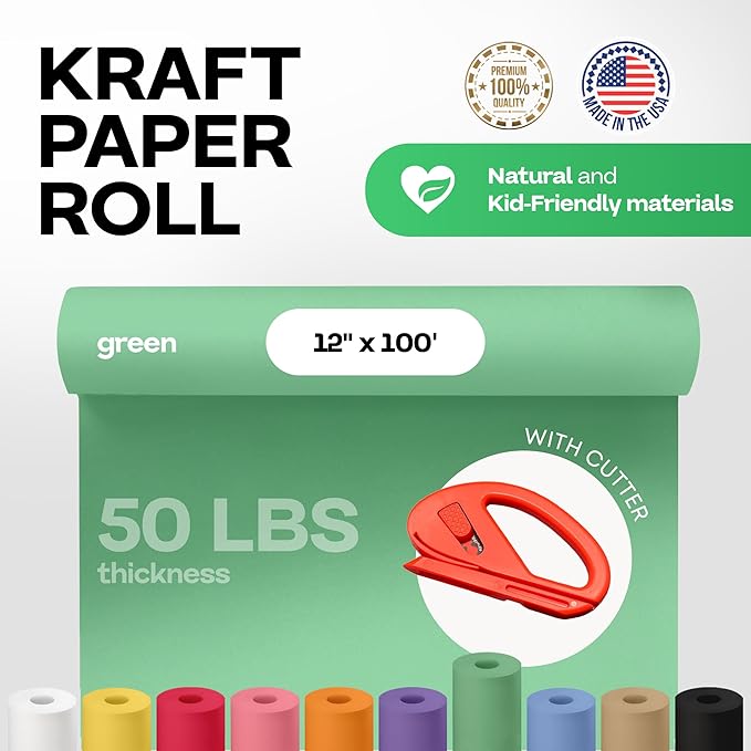 Christmas Green Kraft Paper Roll 12" x 1200" (100 ft) with Cutter - USA-Made Wrapping Paper for Packing, Moving, Shipping & Crafts/Arts - 100% Recyclable Natural Craft Material by IDL Packaging