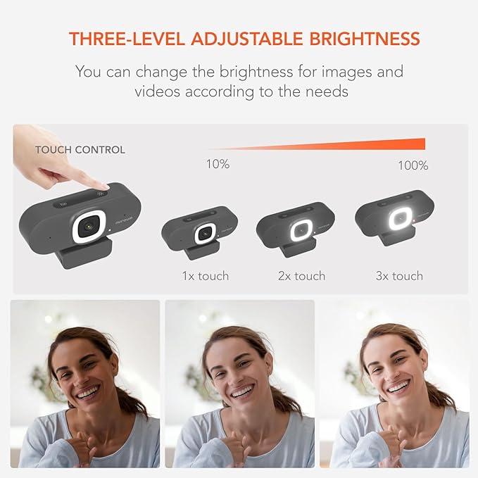 NUROUM V15AFL 2K Webcam with Ring Light for Streaming, Autofocus Webcam for PC w/Noise Cancelling Dual Mics, 1080P 60fps, 75° FOV&Lightweight, USB Web Camera Plug&Play for Zoom/Teams/OBS/Xsplit, Grey