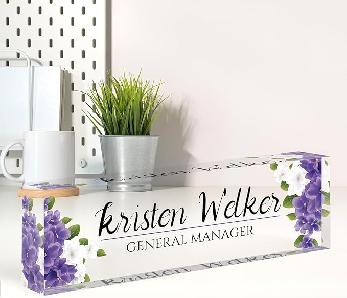 Custom Name Plate for Desk, Desk Name Plate Personalized, Office Decor for Women, Acrylic Desktop Accessories, Office Appreciation Gifts for Boss Social Workers Nurse Teacher Employee(Purple Flowers)