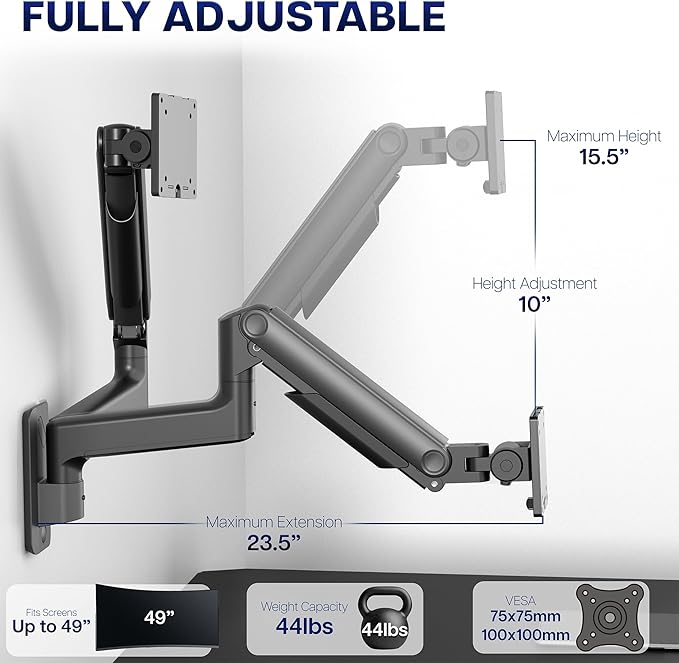 VIVO Premium Ultrawide Monitor Counterbalance Wall Mount for up to 49 inch Screens, Holds 44 lbs, Full Motion, Max VESA 100x100, Black, MOUNT-V101V