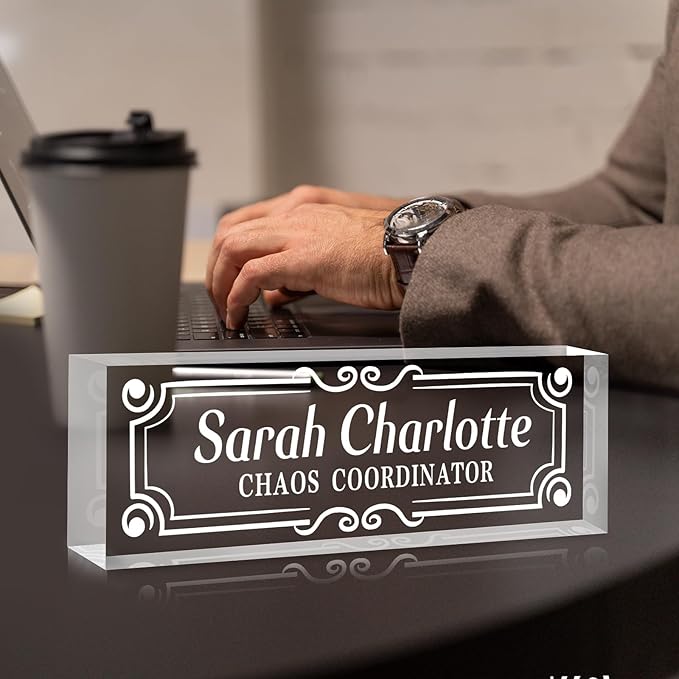 Custom Name Plate for Desk, Personalized Desk Name Plate on Clear Acrylic Glass, Appreciation Gifts for Teacher Employee Boss Coworkers Nurse, Office Desk Accessories for Women Men (Engraved Form)