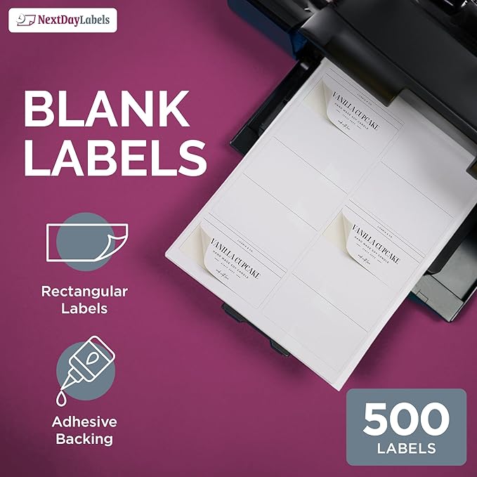 NextDayLabels – 4” x 2” Rectangular Sticker Labels for Printer - White Laser/Inkjet Printer Labels Return Address Labels Shipping Label Stickers (50 Sheets, 10 Per Sheet, 500 Labels)