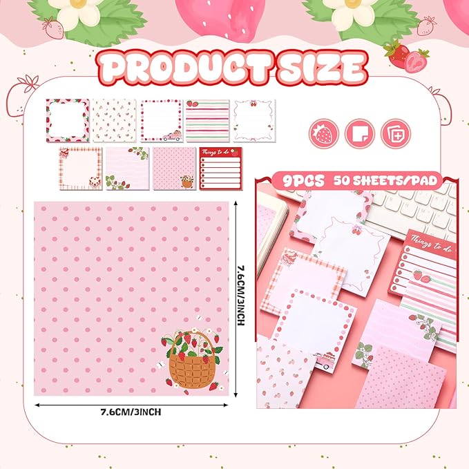 9 Pads Strawberry Sticky Notes 3x3 Inch Cute Self Stick Notepads Notes Adhesive Memo Pad Office Decor Gifts for Students School Teacher Meeting Office Supplies