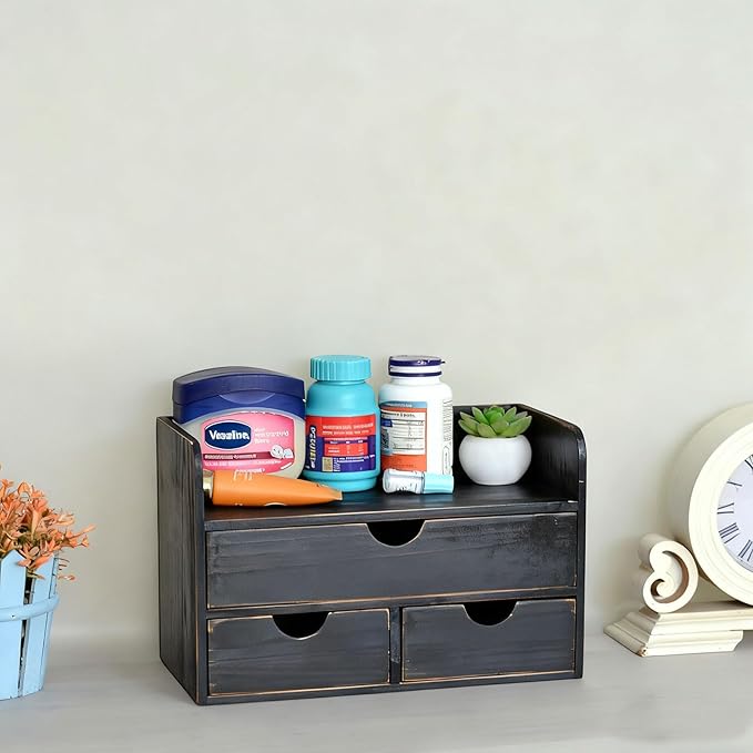 Vintage Rustic Wooden 3 Drawer with Shelf Office Desk Organizer & Mail Rack For Desktop,Box for Office Home Toiletries Supplies Vanity, No Assembly Required (Rustic Black)