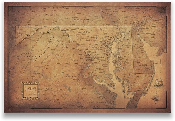 Conquest Maps Push Pin Maryland Map Board - With Push Pins to Mark Maryland Travels - Handmade in Ohio, USA - Design: Golden Aged