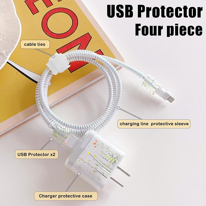 CameCosy Cute Cable Protector for iPhone Charger Clear with Weed Grass Flowers Pattern,Unique Design Data Cable Phone Charger Data Line Earphone Wire Saver for iPhone X 13 12 14 Pro Max for iPad