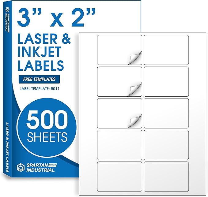 3" X 2" Matte White Printable Labels for Inkjet and Laser Printers - 500 Sheets, 5000 Custom Stickers for Address Labels, Product Labeling, Shipping - Spartan Industrial Template R011