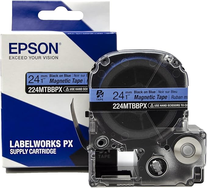 Epson LABELWORKS 224MTBBPX-4.9 Genuine Magnetic Tape Cartridge - Black on Blue Magnet Label Maker Tape - 1" (24MM) Wide, 4.9 ft, Blue