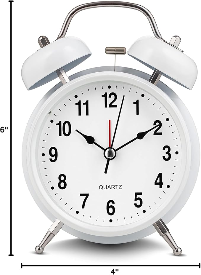 Bernhard Products Analog Alarm Clock Extra Loud Twin Bells Retro White 4 Inch Silent Non-Ticking Quartz Battery Operated with Backlight, Decorative Bedside Table Desk Vintage Clocks for Heavy Sleepers