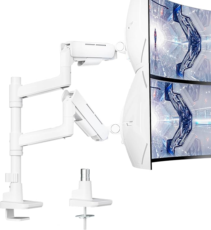 ARES WING Dual Monitor Mount for 17-49 Inch Ultrawide Heavy Duty Curved Screen, Computer Monitor Arm Desk Mount, Gas Spring Adjustable Dual Monitor Stand for Desk, White