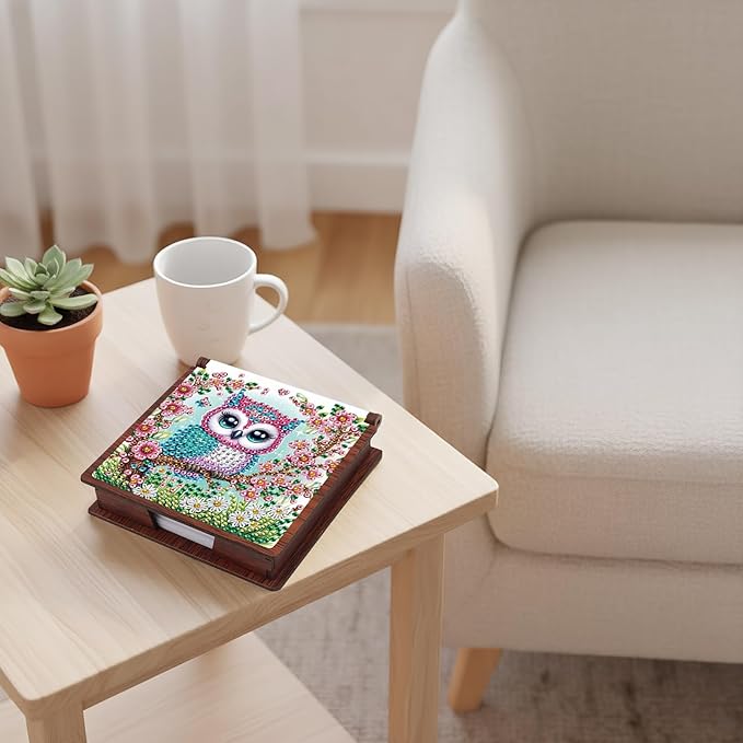 Wooden DIY Owl Diamond Art Notecard Box – DIY Gem Art Sticky Note Holder for Adults 160 Sheets Memo Pad Storage Desk