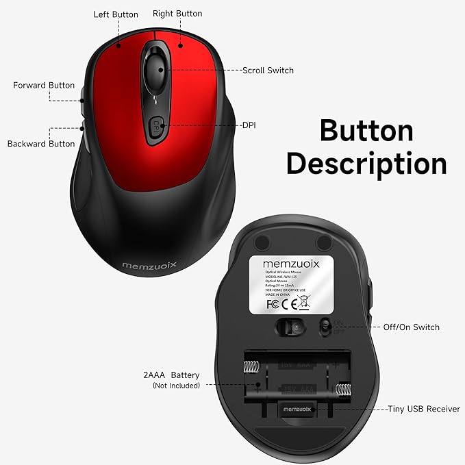 memzuoix Wireless Mouse, 2.4GHz Nano Receiver, 3 DPI Levels (800/1200/1600), 6 Buttons, Compatible with PC/Mac/Laptop - Red