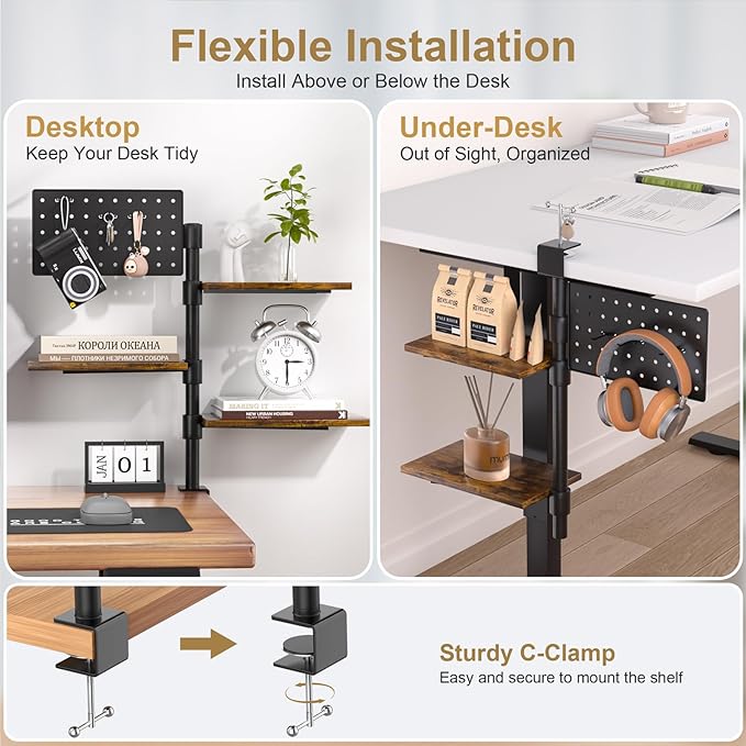 3-Tier Clamp On Desk Shelf, Adjustable 360° Rotatable Above or Under Desk Storage Shelves Holds 33 lbs, Heavy Duty Desktop Organizer with Pegboard Accessories ＆ 3 Hook for Home Office Dorm