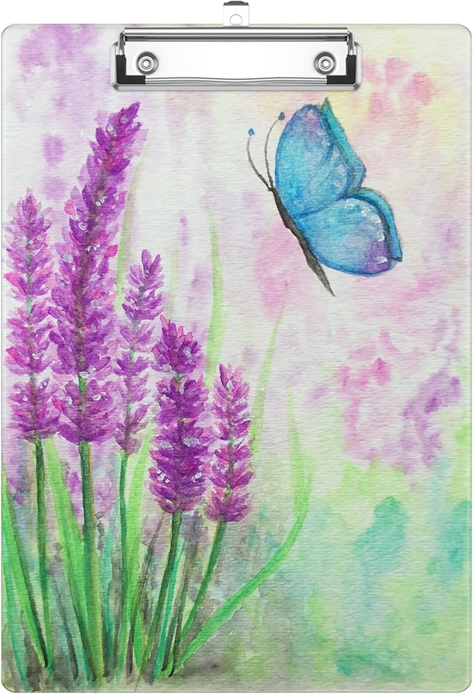 Watercolor Blue Butterfly Lavender Flower Clipboard Decorative Clip Board with Metal Clip A4 Standard Size 12.5" X 8.7" for Teacher Students Nurses Office