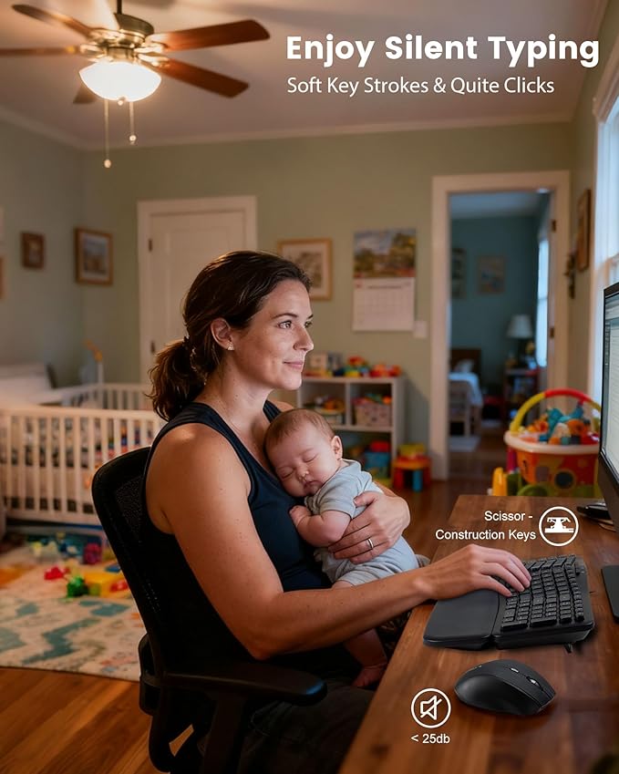 XUANGUI Silent Wireless Computer Keyboard and Mouse Combo with Magnetic Wrist Rest, Ergonomic Cordless Full Size Key Board and 4800 DPI Quiet Mice Set for PC Laptop Tablet, Office and Home Use