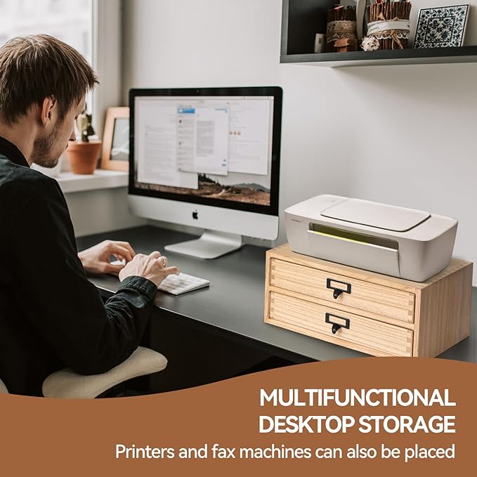 Kirigen Natural Wood Desktop Storage Cabinet -Shallow Type Drawers - Fax Stand with metal handle - Small File organizer Size 13.78"L*10.6"W*5.9"H(NA, 2-Layer &2 Drawers)
