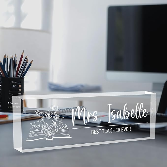 Personalized Desk Name Plates, Acrylic Engraved Teacher Name Plate for Desk, Custom Office Gifts & Desk Decor for Women Men, Back to School Teacher Appreciation Gifts