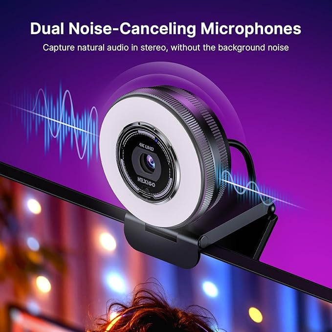 NexiGo N680E Pro, 4K UHD Streaming Webcam with Ring Light, PDAF Autofocus, 1080P@60FPS, 2 Noise?Canceling Mics, Privacy Cover, USB Camera for Zoom/Teams/Twitch/Google Meet