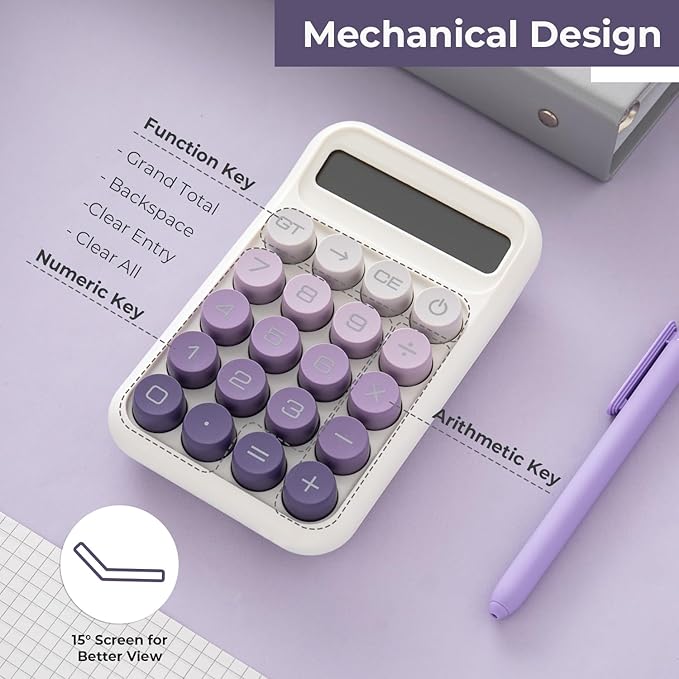 Y YOMA 1 Pack Mechanical Switch Calculator with 10 Digit Large LCD Display Big Button, Mini Cute Desktop Calculator 4 Function Basic Calculators for School Home Office Business, Dusty Violet
