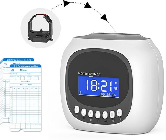 Time Clocks for Employees Small Business, Auto-Align Time Clock, 6 Punches per Day | Clock in Time Machine for Employees with 1 Ink Ribbon(Inside) and 50 Time Cards