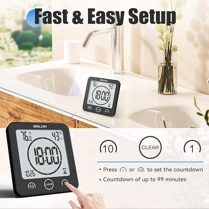 Baldr Shower Clock Waterproof Bathroom Clock with Timer/Temperature/Humidity, Digital Timers for Kids and Adults, Bath Kitchen Study, Black