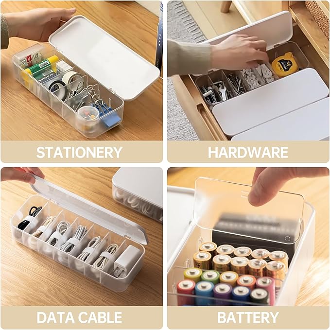 Cable Organizer Storage Box with 7 Wire Ties,Desktop Cable Management Box with Lid,Power Cord Organizer with 7 Compartments for Office,Home,Desk Accessories Storage Stationery Supplies White