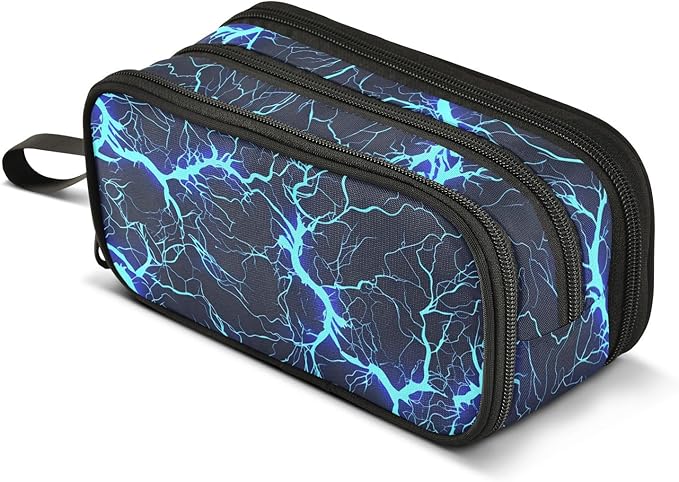 Dark Blue Electric Lightning Pencil Case Box Boys Girls Large Pencil Pouch with Zipper Compartments Big Capacity Stationery Pen Bag Organizer for Kids Teens Adults School