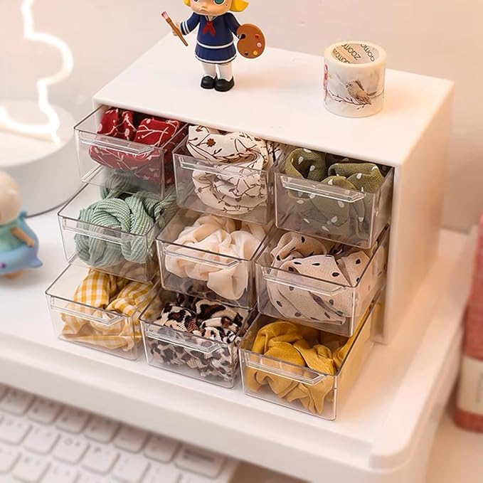 6 Pcs Small Drawer Organizer for Desk Mini Desktop Drawers 6.9" x 3. 8" x 4.6" Plastic Desktop Storage Box with 9 Clear Drawers for DIY Art Classroom Office Supplies, Dust-proof (White)