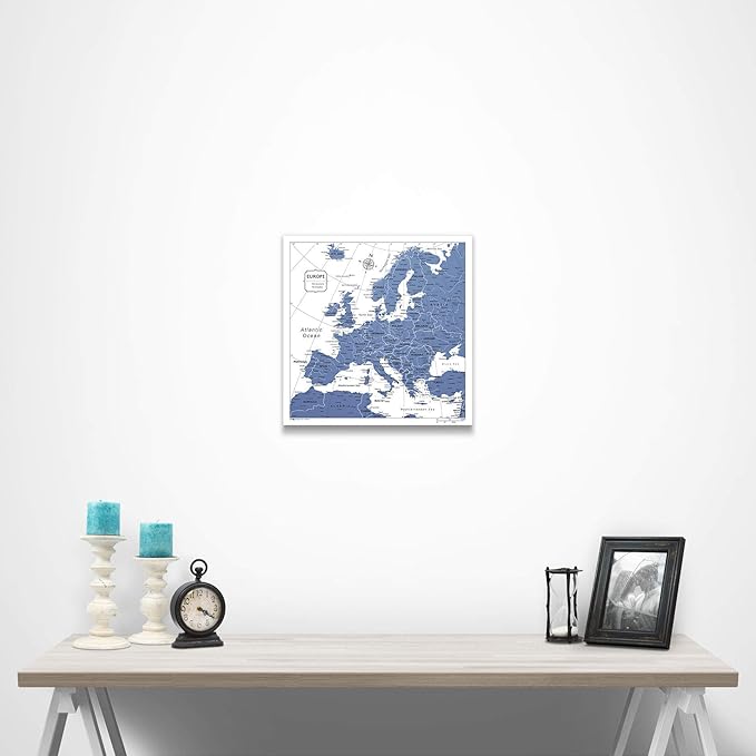 Push Pin Europe Map Board - With Push Pins to Mark Europe Travel - Handmade in Ohio, USA - Design: Navy Color Splash