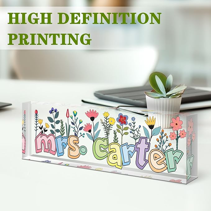 Teacher Name Plate for Desk, Desk Name Plate Personalized, Office Decor for Women Men, Acrylic Desktop Accessories, Office Appreciation Gifts for Teacher Boss Social Workers Nurse Employee (Orchid)