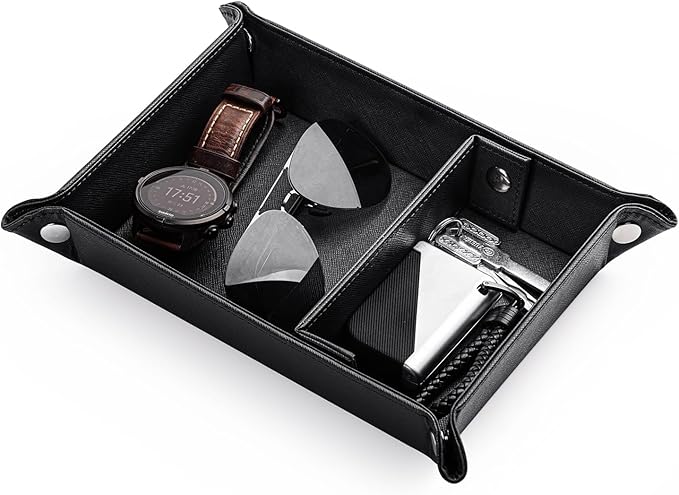 BONNY DODO Valet Tray for Men PU Leather Tray Organizer with Partition, Storage Keys, Watch & Practical Storage for Table Nightstand Living Room Bedroom (Black)