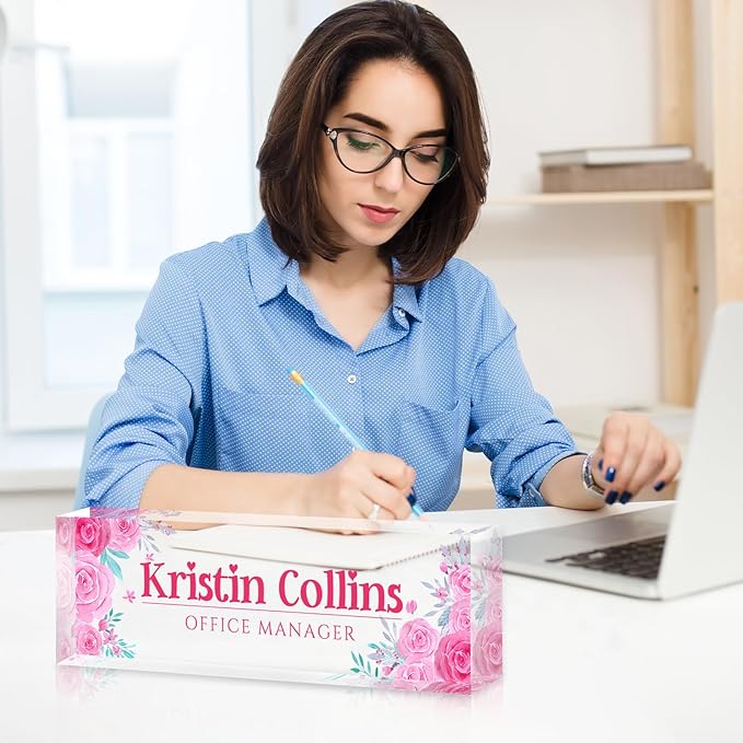 Custom Name Plate for Desk, Personalized Desk Name Plate on Clear Acrylic Glass, Appreciation Gifts for Teacher Employee Boss Coworkers Nurse, Office Desk Accessories for Women Men (Rose)