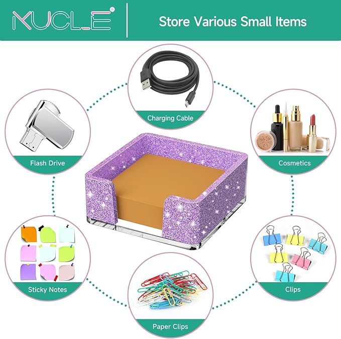 Sticky Note Holder, Glitter Purple Acrylic Notepad Holder 3x3 in Self-Stick Note Dispenser Office Desk Accessories, Memo Pad Holder Organizer for Classroom School Supplies